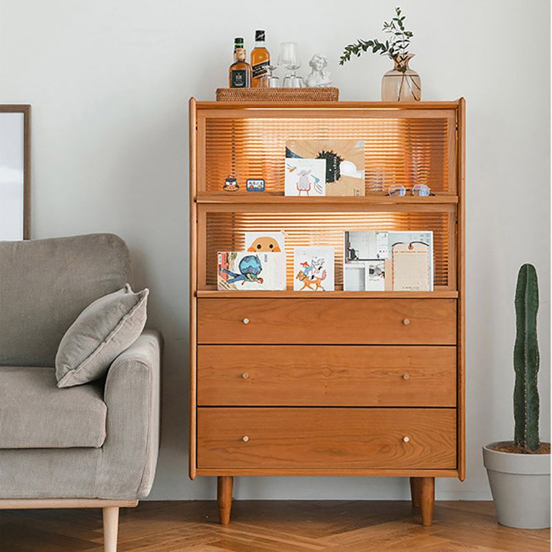 Contemporary Cabinet Solid Wood 3 - Drawer With Doors Glass Paned Accent Cabinet