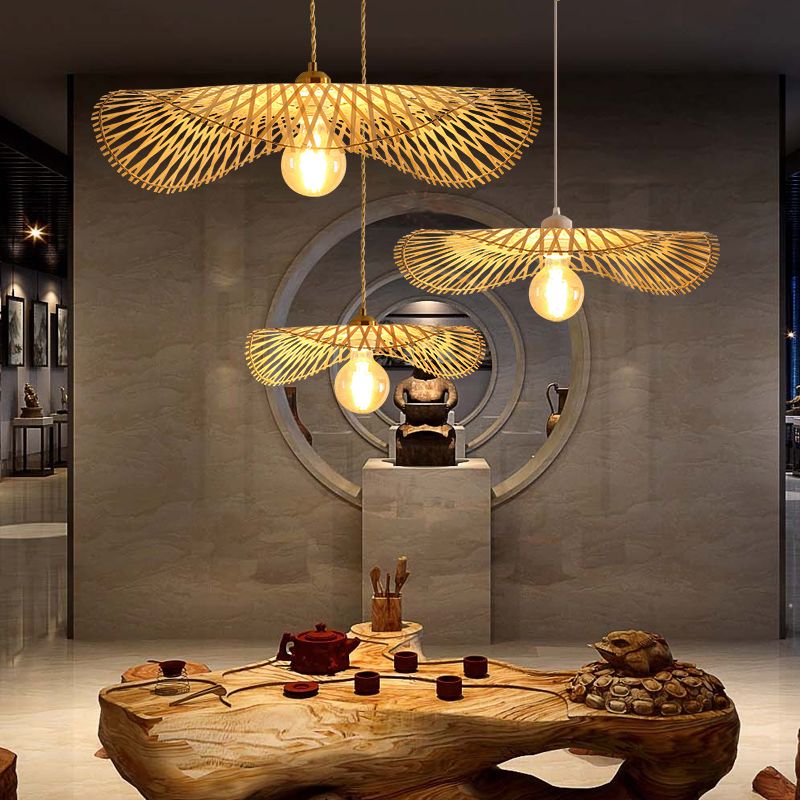 Lotus Leaf Shaped Pendant Light Bamboo 1 Head Hanging Light Fixture for Tea Room