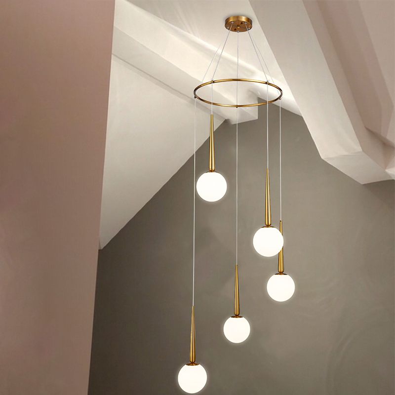 Milky Glass Ball Cluster Pendant Modern Style Hanging Light Fixture with Metal Ring Top