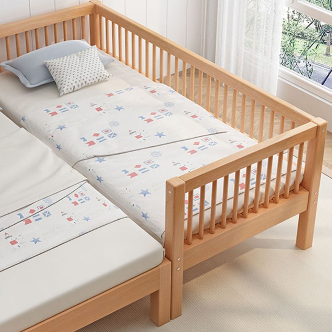 Solid Wood Contemporary Washed Nursery Bed with Guardrail for Bedroom