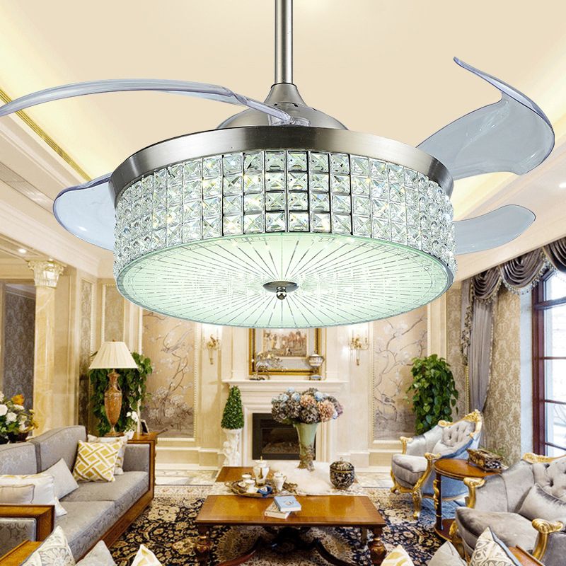 19 "brede Noordse trommel hanger fan licht kristal ingelegde woonkamer led semi -flush mount in zilver met 4 messen