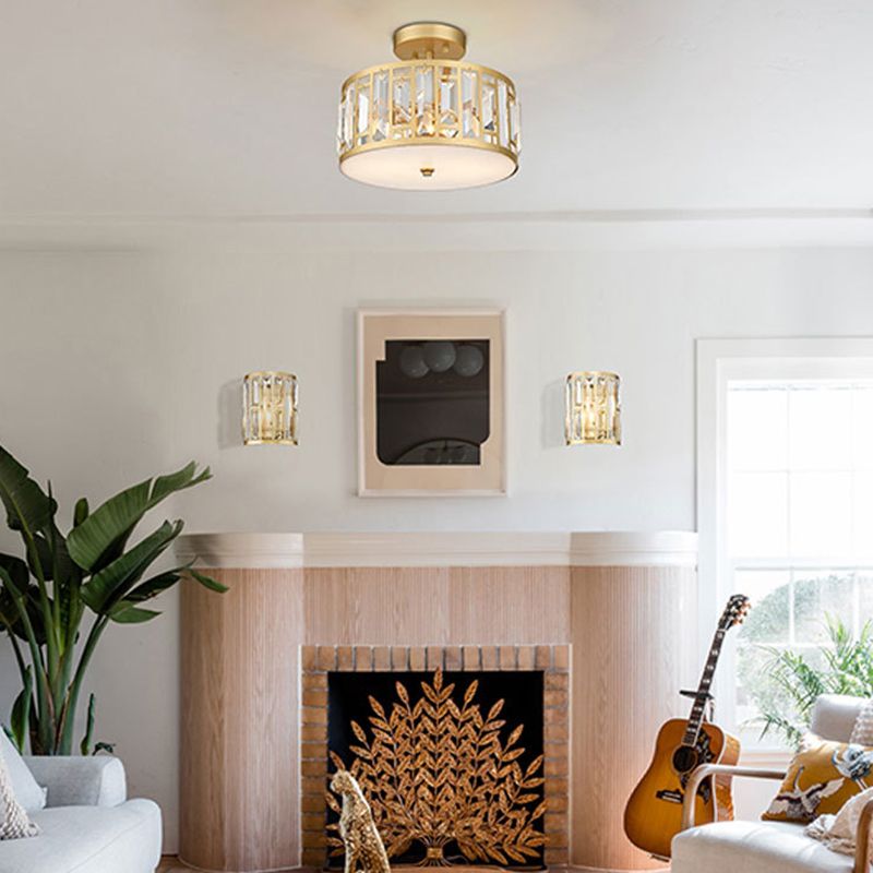 Crystal Semi Flush Contemporary 2 - Light Drum Ceiling Semi Flush in Gold