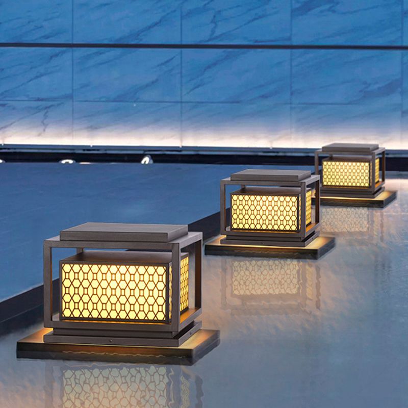 Metal Rectangle Shape Solar Pillar Lamp Modern 1 Light Outdoor Waterproof Light in Brown