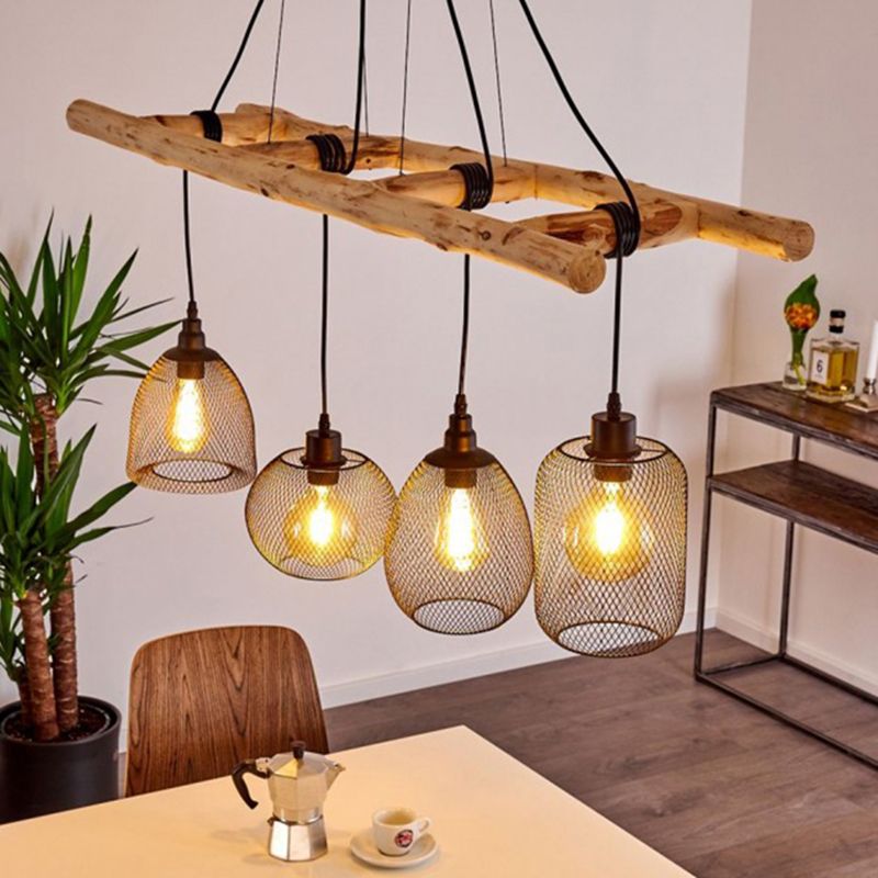 Iron Mesh Style Suspension Lighting Rustic 4-Bulb Dining Room Island Light in Wood