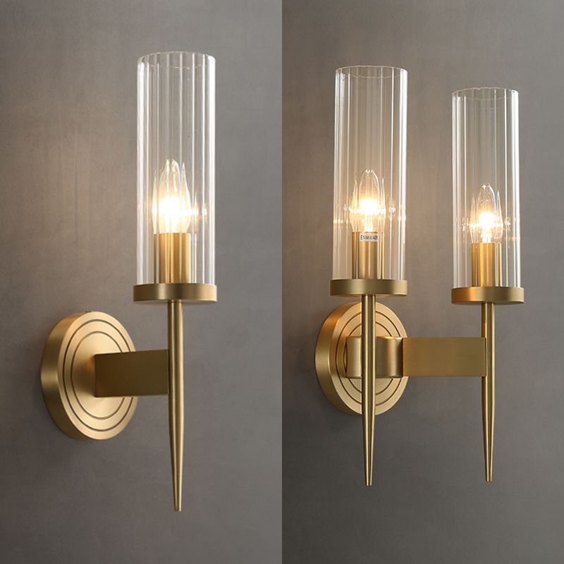 Gold Cylindrical Wall Lamp in Modern Luxury Style Copper Wall Light with Pure Glass Shade