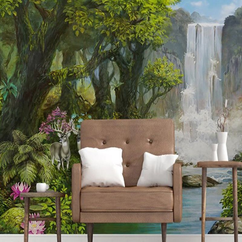 Wandgemälde in frischen Farben, Regenwald und Wasserfall, schmutzabweisende Wandkunst für Cafés