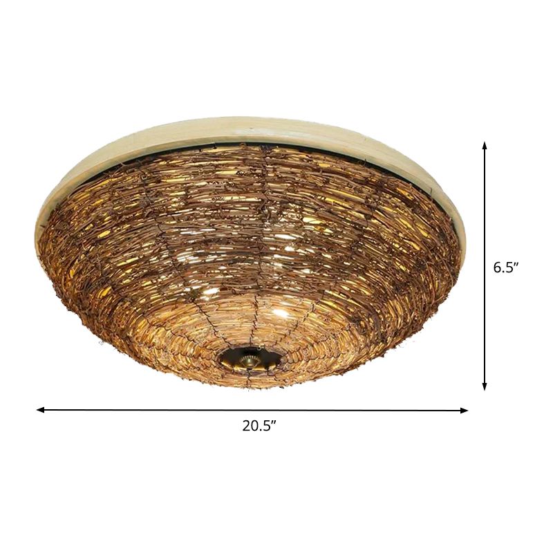 3 Bulbs Dining Room Flush Mount Asian Brown Ceiling Mounted Light with Bowl Rattan Shade
