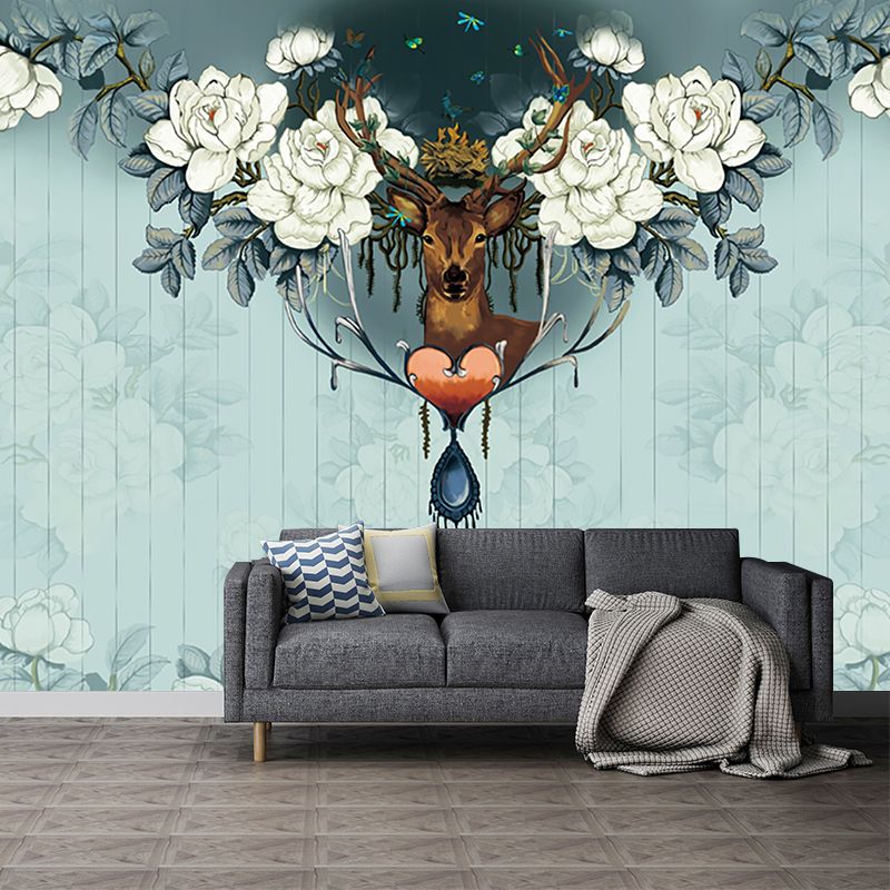 Peony Print Deer Wallpaper Murals Contemporary Smooth Wall Art in Grey and Green