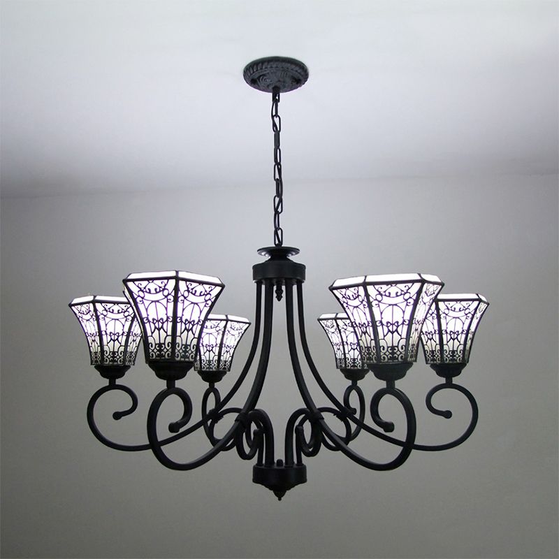 White Glass Bell Pendant Light with Fence Design 6 Lights Lodge Style Chandelier Lamp in Black