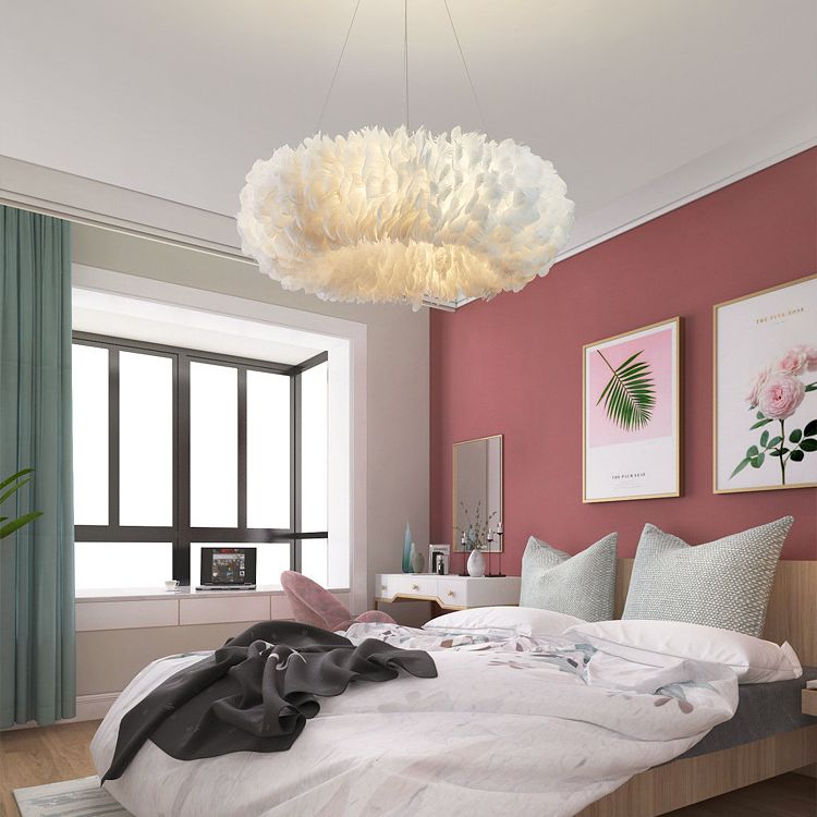 Feather Donut Chandelier Pendant Light Nordic Style White Pendant Lighting Fixture