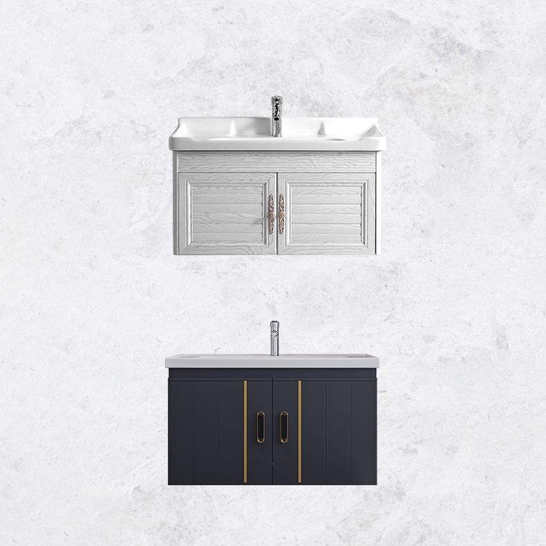 Glam Single Wall Mount Sink Vanity Gray Metal Base Rectangular Vanity Set