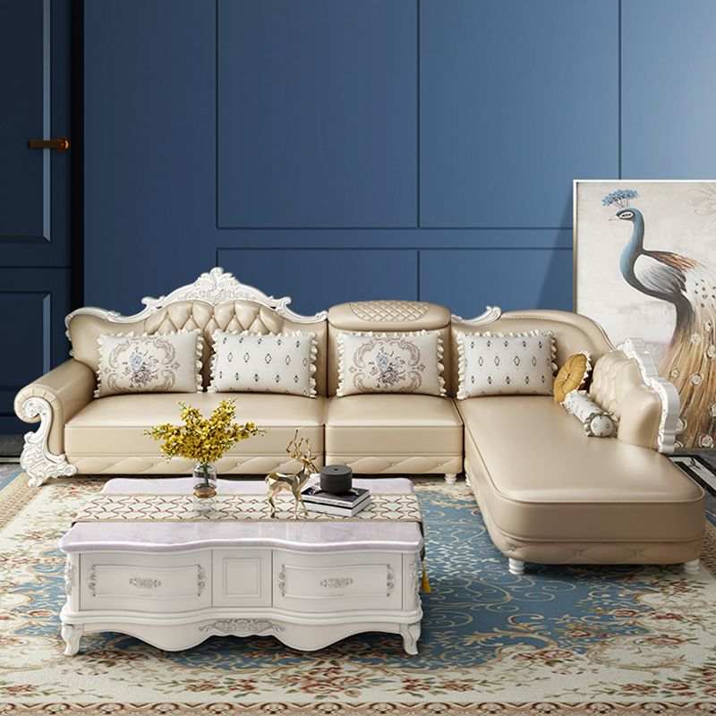 Tufted Scroll Arm Chesterfield Sofa and Chaise Genuine Leather Sofa with Pillows