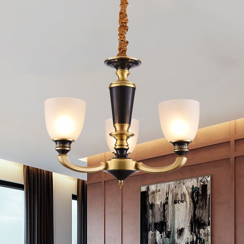Brass 3/5-Bulb Suspension Pendant Light Traditional Style Milky Glass Empire Shade Ceiling Chandelier