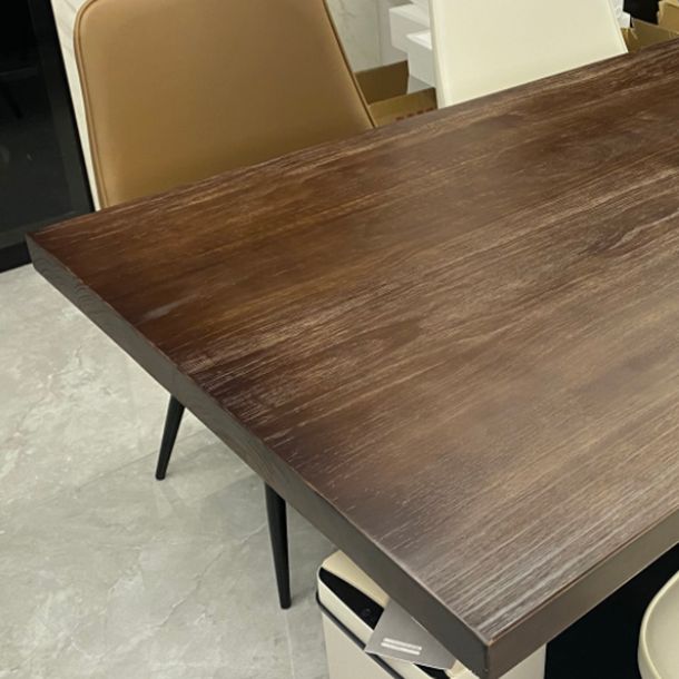 Rectangle Shape Industrial Dining Table Brown Tone Fixed Table with Solid Wood