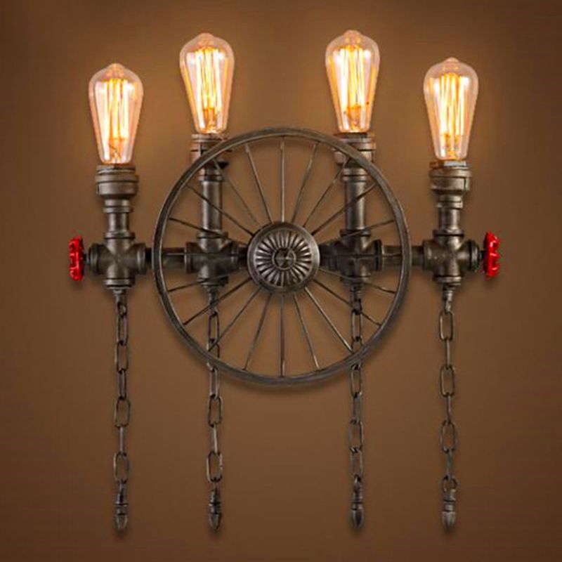 Black Wheel Wall Mounted Light Industrial Iron Garage Sconce Lamp with Decorative Chain and Valve