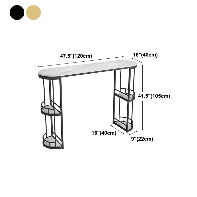 Glam White Stone Bar Dining Table Oval Indoor Bistro Table with Shelve