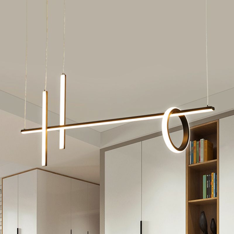 Black Linear Island Light Modern LED Metallic Pendant Lighting with Dual Lines and Ring