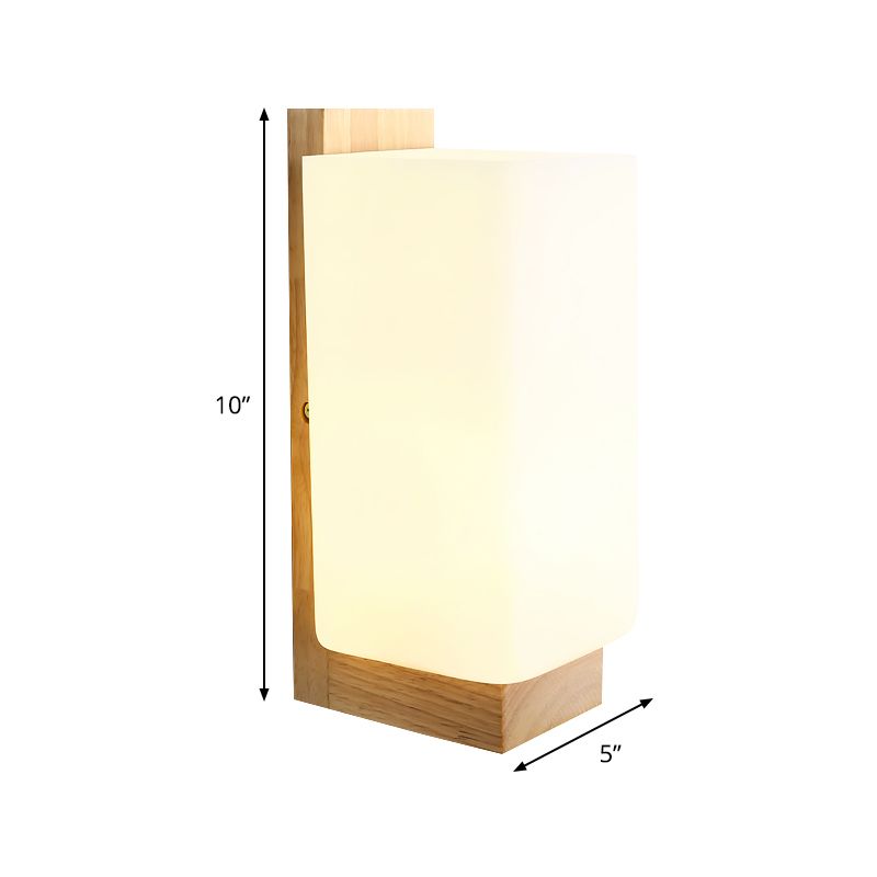 1 Head Stairway Wall Lamp Japanese Wood Sconce Light Fixture with Rectangular Milk Glass Shade