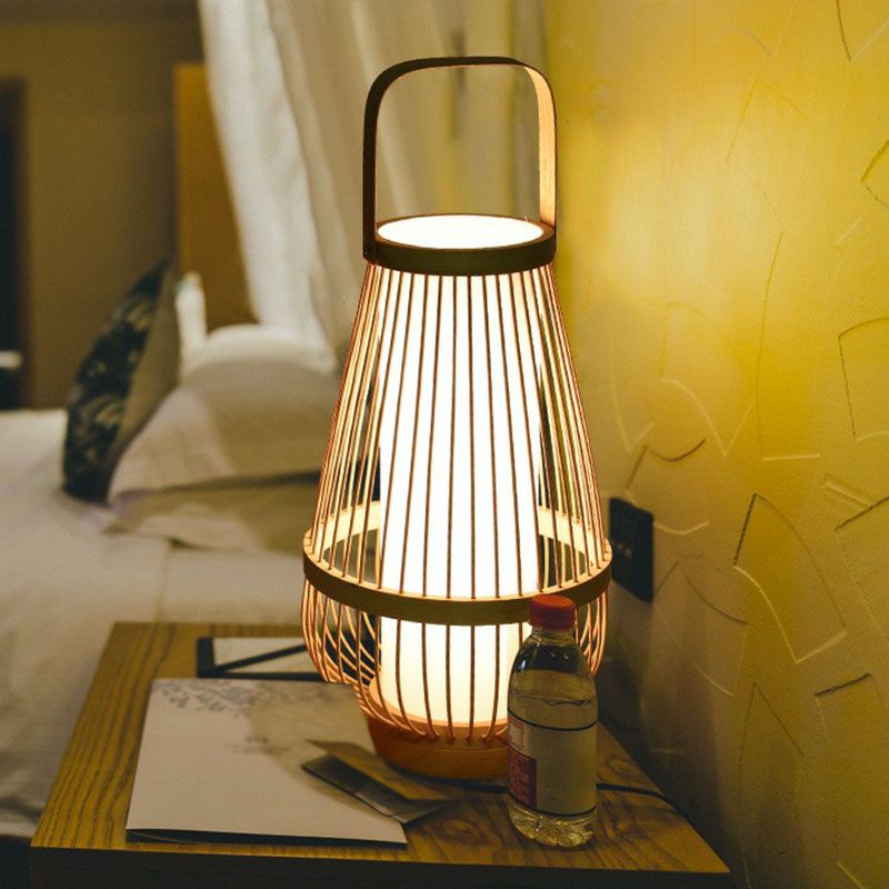 Basket Shaped Bamboo Table Lamp Minimalist 1��Head Wood Nightstand Light for Restaurant