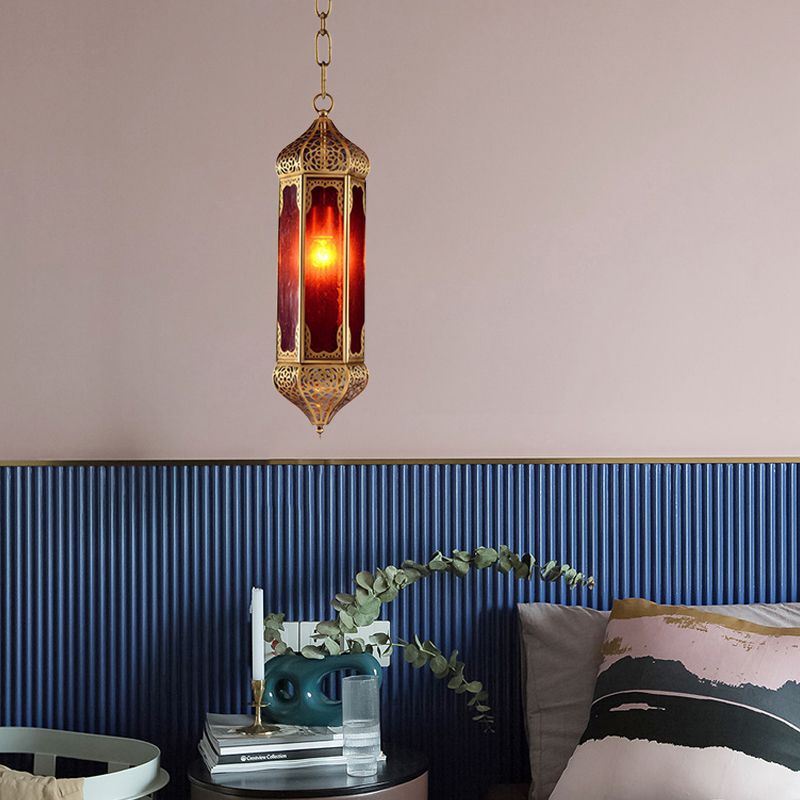 Arabian Lantern Hanging Lamp 1-Bulb Red Glass Suspension Light in Brass with Cutout Design