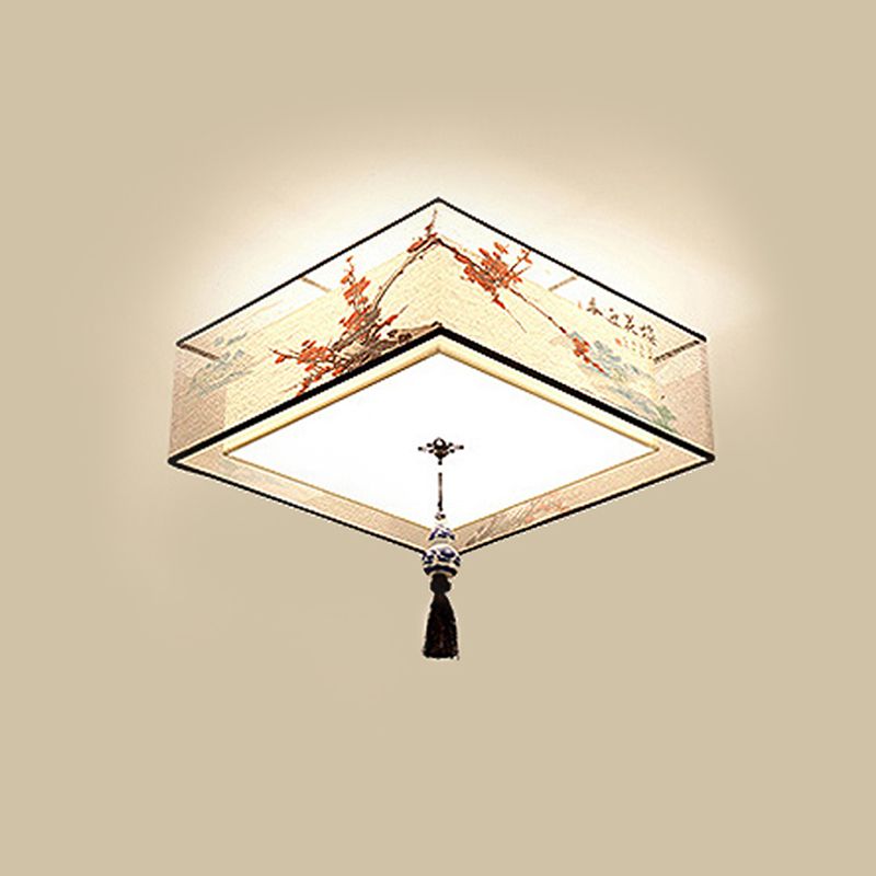 Traditional Style Fabric Shade Ceiling Light Geometry Simplicity Lighting Fixture for Living Room