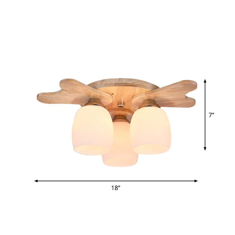 Cream Glass Bell Flush Ceiling Light Nordic 1/5/7-Head Semi Mount Lighting with Antler Top in Wood