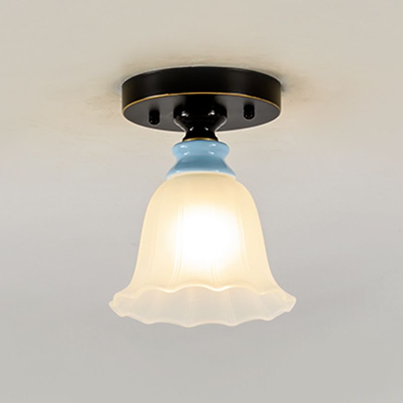 Frosted Glass Flared Flushmount Rural Style 1 Head Corridor Flush Mount Light in Black