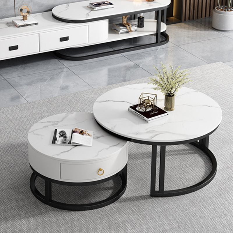 Oval White Coffee Table 2 Legs Slate Coffee Table with Metal Legs