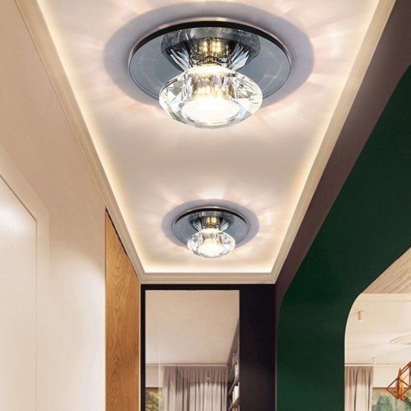 LED Porch Semi Flush Mount Light Simple Black/Tan Ceiling Lighting with Circle Clear Crystal Shade, Warm/White Light