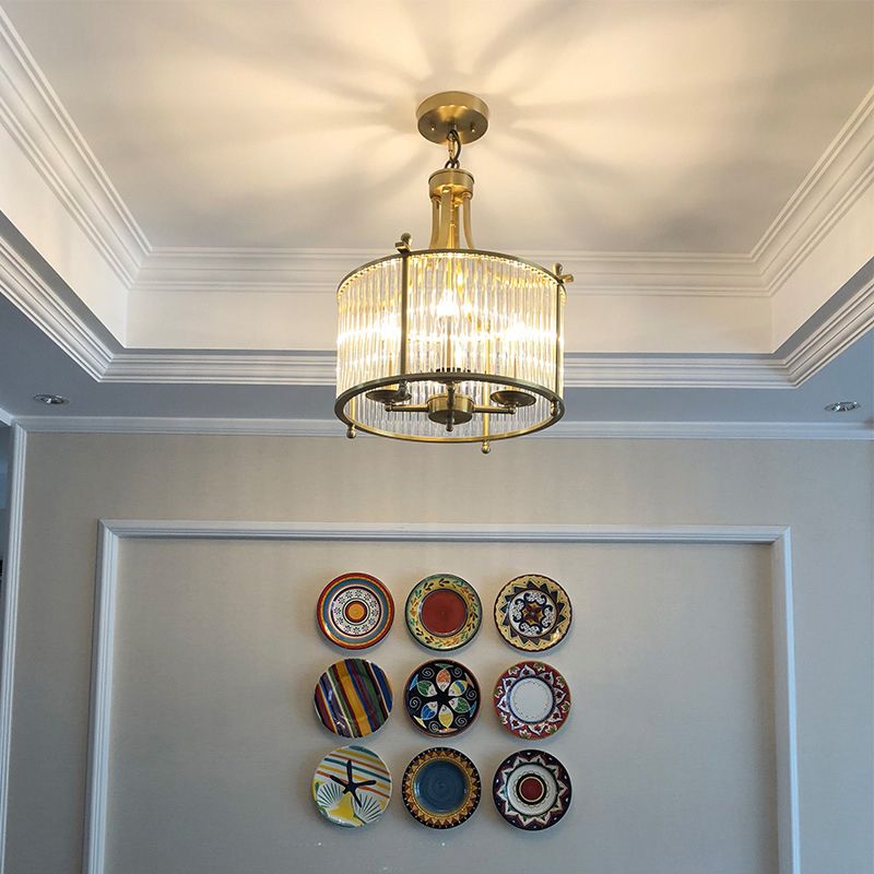Drum Shaped Dining Room Chandelier Traditional Clear Glass Rod 4-Light Gold Ceiling Pendant