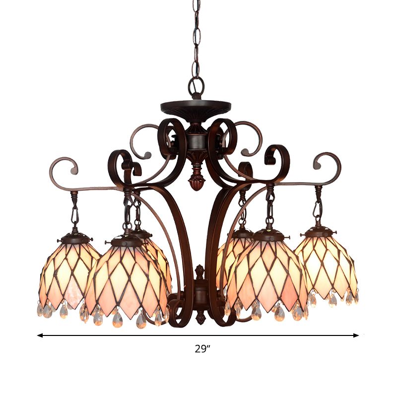 Tiffany Flower Pendant Chandelier 6 Lights Stained Glass Hanging Ceiling Light in Black for Living Room