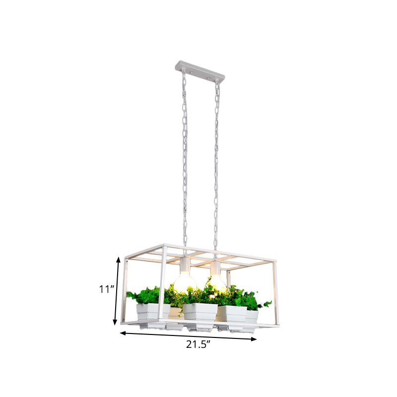 Black/White Rectangle Island Lamp Factory Metallic 2 Lights Living Room Hanging Light Fixture with Artificial Plant Deco