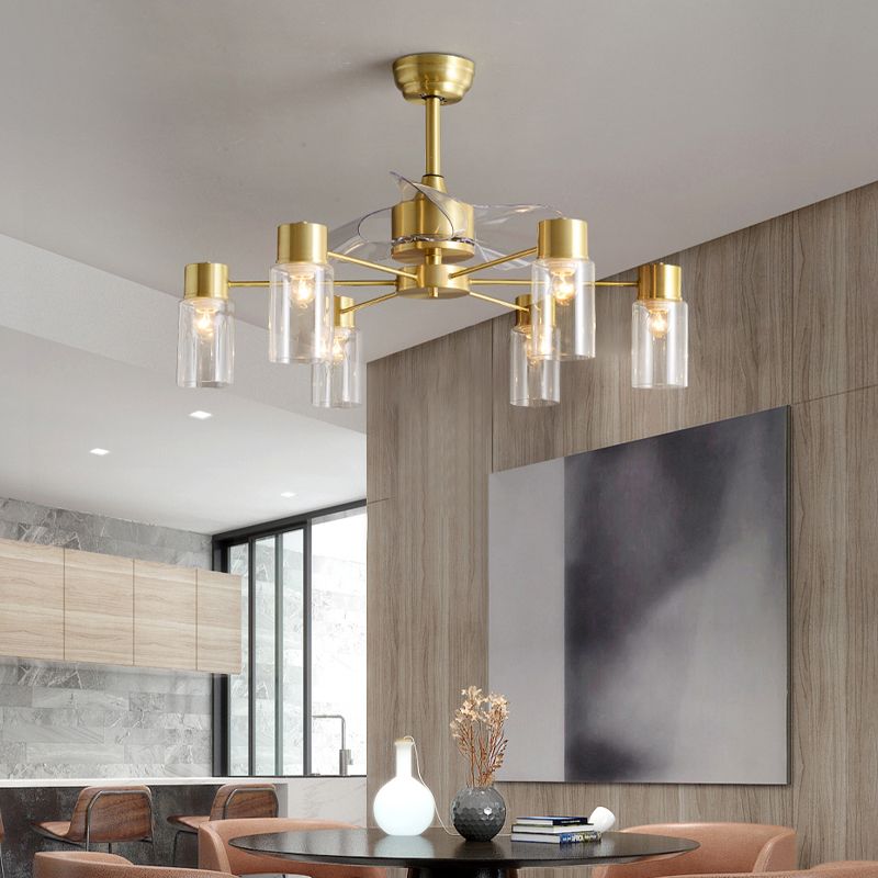 Tubular Clear Glass Hanging Fan Light Minimalistic 3 Blades Brass Semi Flush Mount with Remote, 35.5" Wide