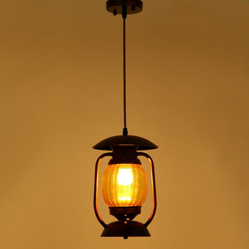 Copper 1-Light Ceiling Hang Lamp Farmhouse Amber Ribbed Glass Lantern Drop Pendant over Table