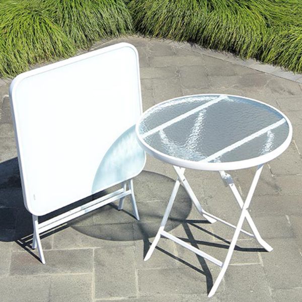 Water Resistant Patio Table with White Legs Glass Top Industrial Bistro Table