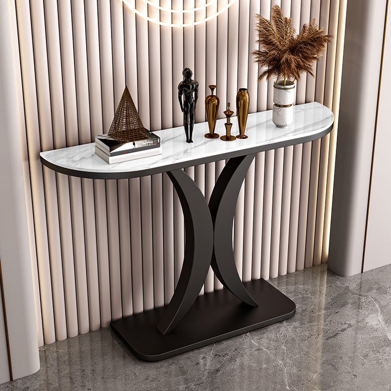 Glam Half Moon Accent Table with Stone Top and Iron Pedestal Base