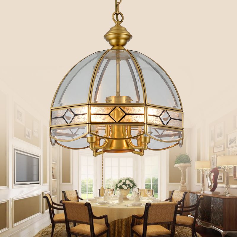 Dome Clear Glass Hanging Chandelier Retro 4 Heads Brass Ceiling Pendant Light for Dining Room
