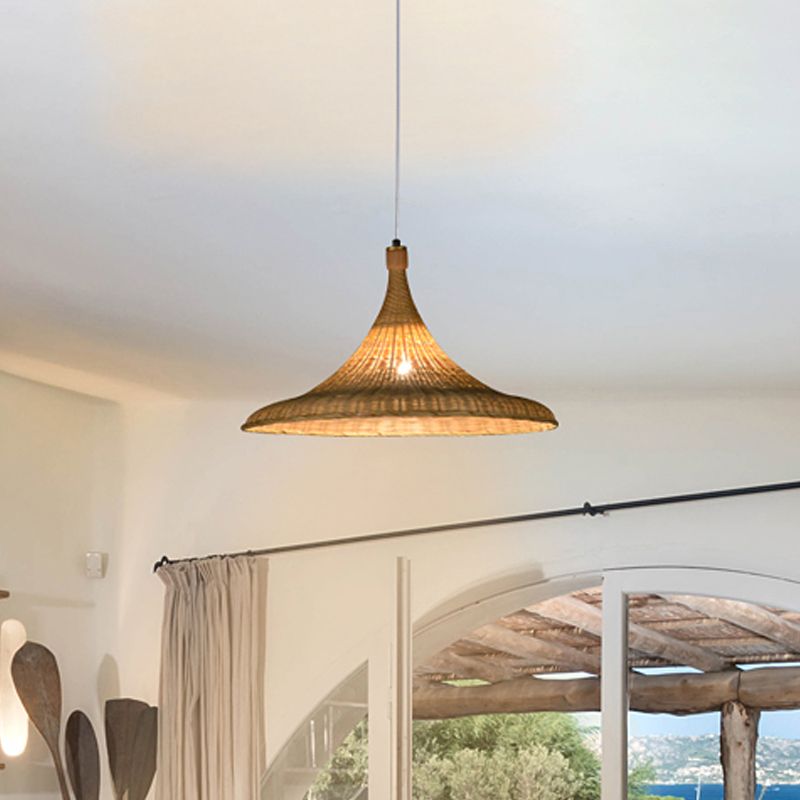 1 Head Wide Flare Pendant Light Chinese Bamboo Suspended Lighting Fixture in Flaxen