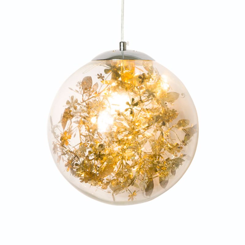 Blobe Chambre suspendue en verre transparent en verre transparent 1-Light Light Moderniste Pendant avec décoration de feuilles intérieures en argent / or