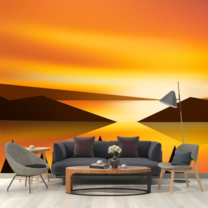 Sunset Mountain Landscape Mural Wallpaper Modern Non-Woven Wall Covering in Yellow-Black