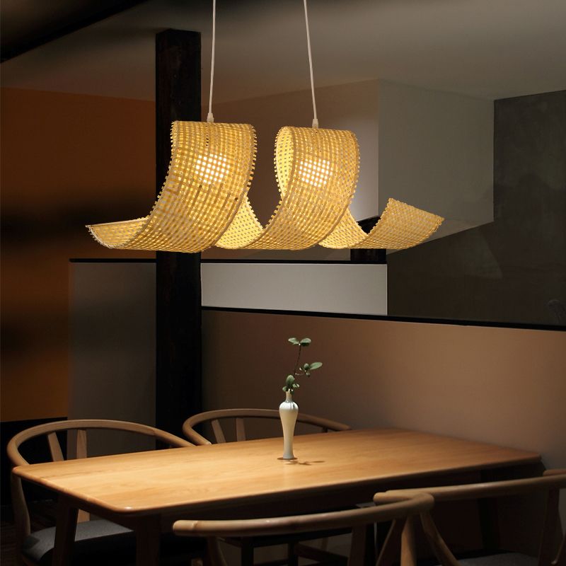 Beige Curl Hanging Light Minimalist 2-Light Bamboo Pendant Light Fixture for Tea Room