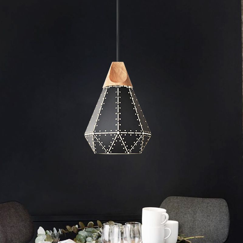 Diamond Iron Hanging Pendant Macaron 1-Light Grey/White/Blue and Wood Suspension Lamp with Laser Cut Design