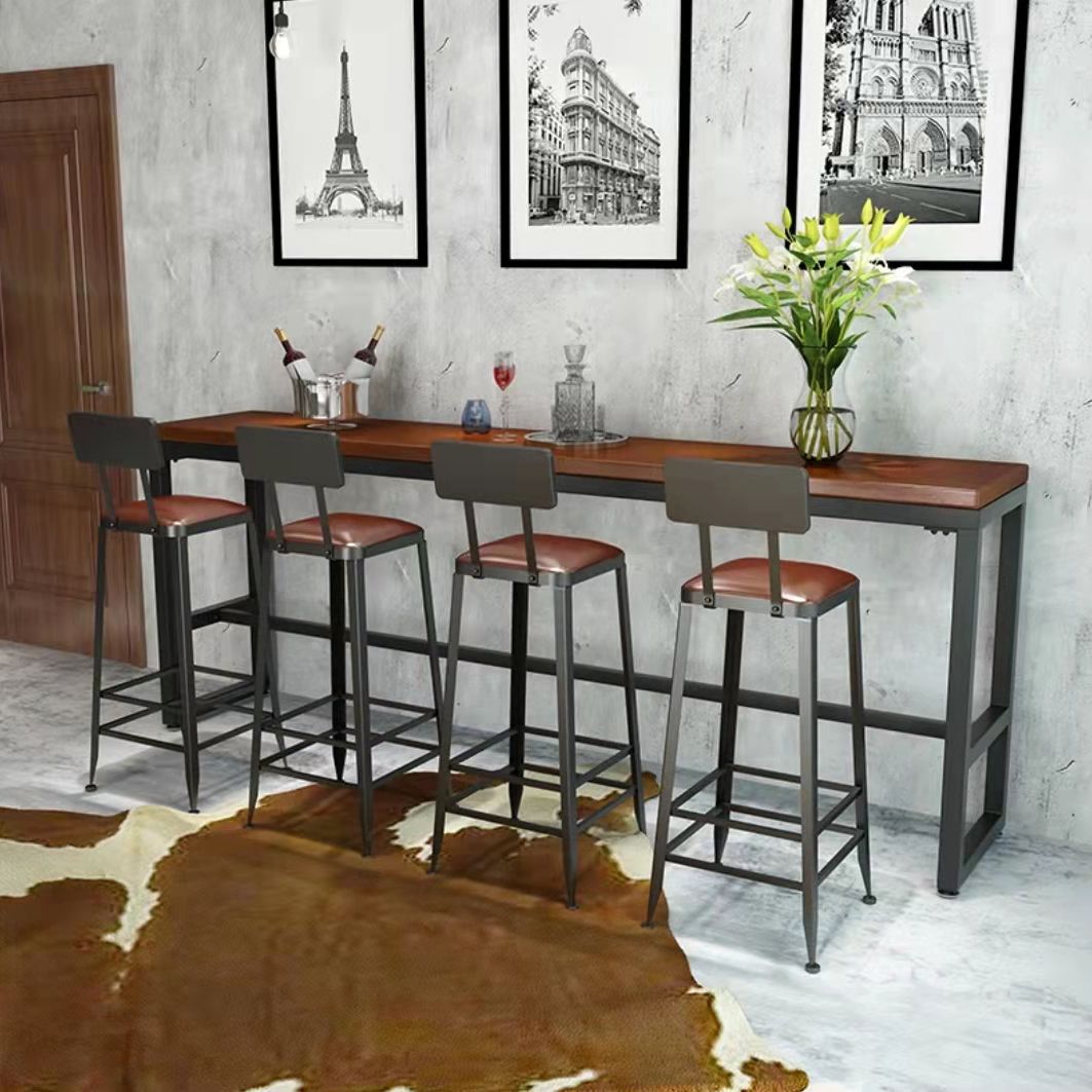 Industrial Metal Trestle Bistro Table Brown Solid Wood Top Bar Table
