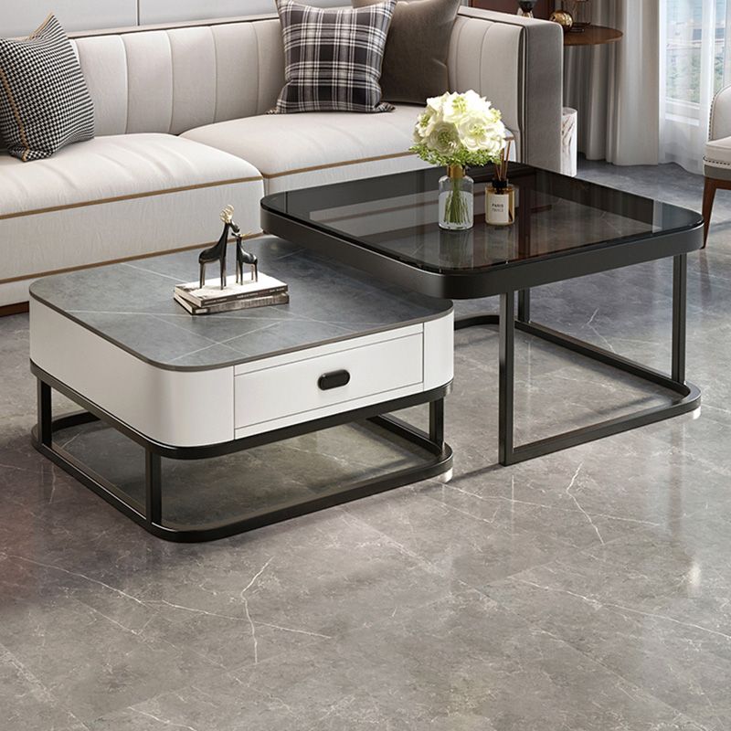 Glam Coffee Cocktail Table Square Glass / Slate Coffee Table with Drawer
