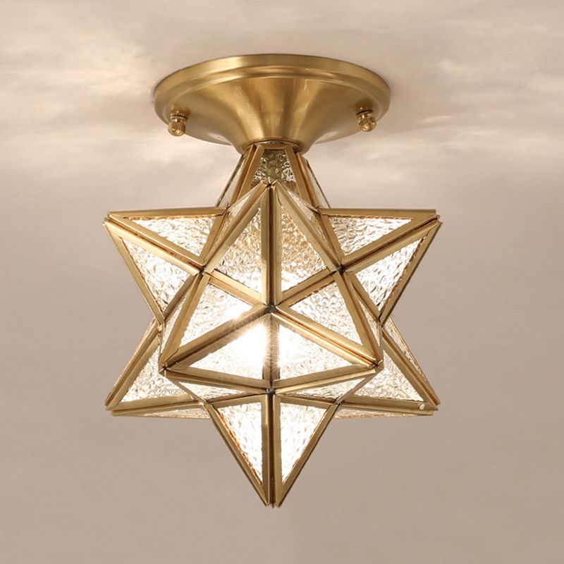 Plafonnier étoile en cuivre à montage encastré d'intérieur de luxe colonial avec abat-jour en verre