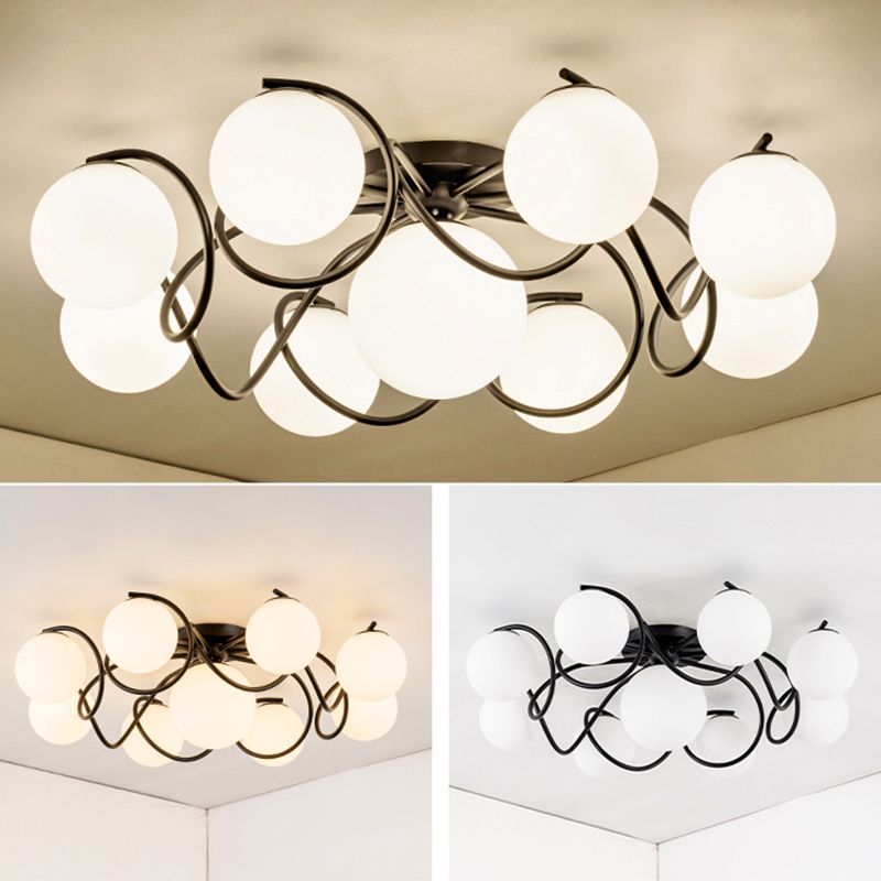 Weißer Glasball -Cluster Deckenleichter zeitgenössischer Einfachheitstil Semi Flush Mount Lampe mit Eisen kreativer Lampe Pfosten