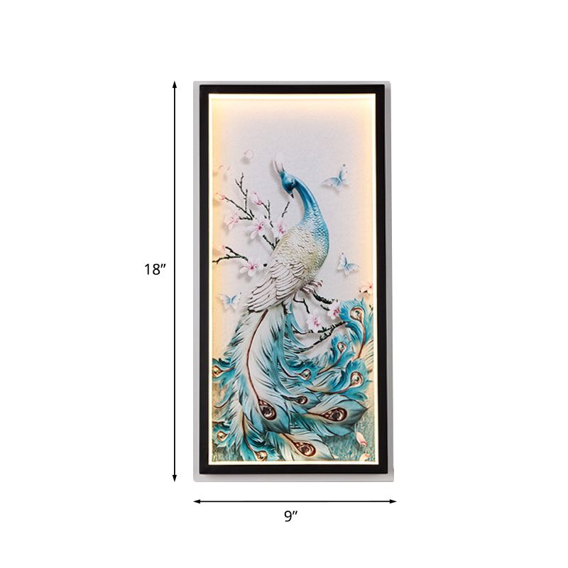 Peacock Mural Light Fixture Asian Aluminum Blue LED Wall Lighting with Black Frame