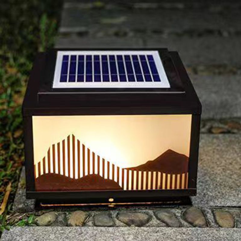 Rectangle Shape Metal Solar Pillar Lamp Modern 1 Light Outdoor Waterproof Light in Black
