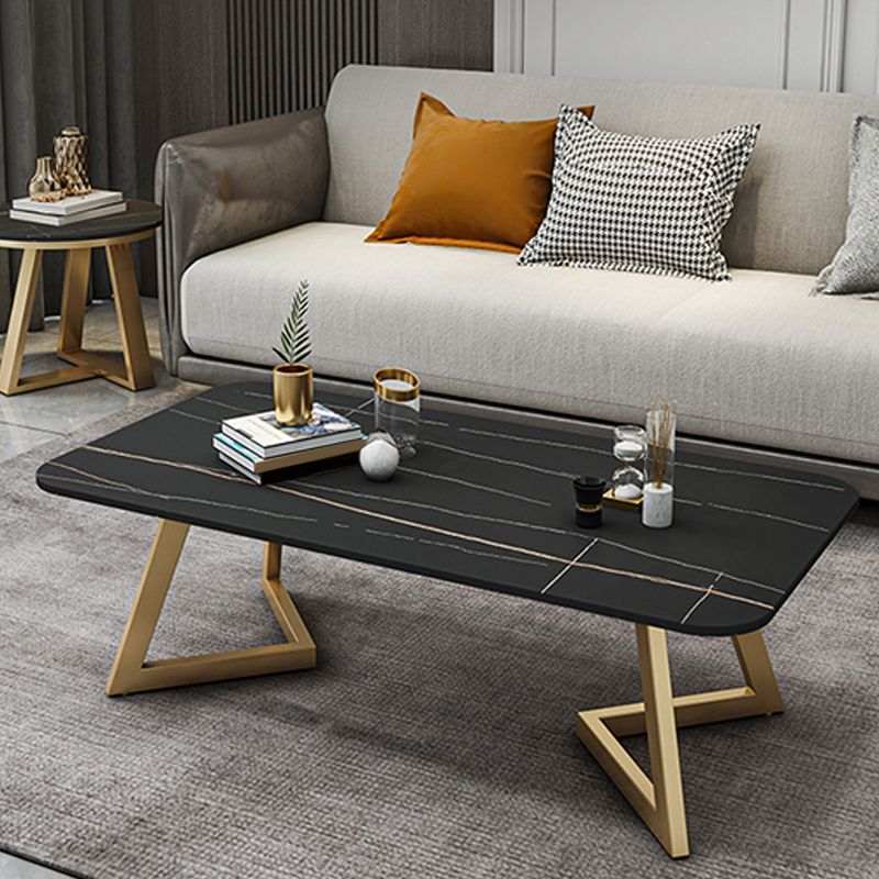 Glam Rectangle Stone Top Coffee Table with Iron Legs Cocktail Table