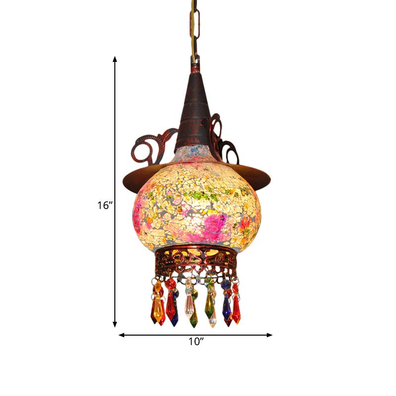 Lantaarn veranda hanglampje traditioneel gesneden glas 1 kop wit en rood/geel hangend plafondlicht